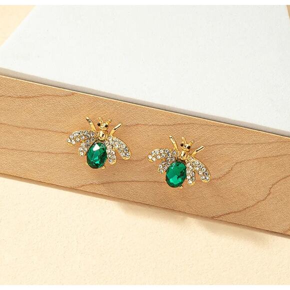 Bumble Bee Emerald Green Studs Gold Tone Earrings Gift Honey Bee Jewelry - Picture 3 of 7